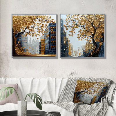 Arbre d'automne doré et bleu à Harlem I - Art mural New York City - Art mural industriel pour le salon 2 pièces