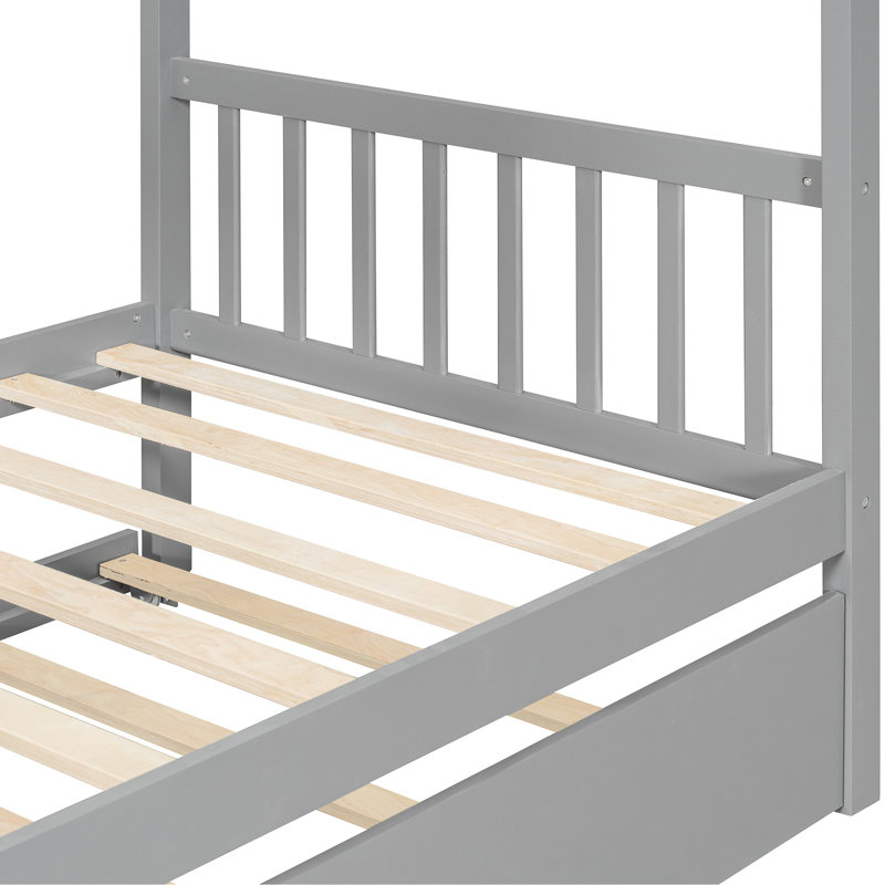 Lit simple en bois gris avec lit gigogne, structure en pin, 2 têtes de lit, convient à un matelas de lit gigogne de 4 à 6 po, toit ouvrant pour le plaisir, outils d'assemblage fournis