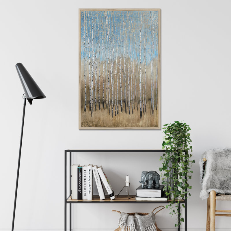 Dusty Blue Birches I by Timothy O' Toole - Painting, 95cm H x 65cm W, Natural Wood Framed Paper Print