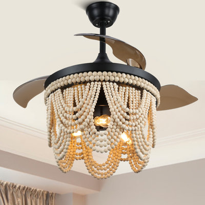 42" BoHo Ceiling Fanlight with Retractable Blades and Wooden Beads Accents