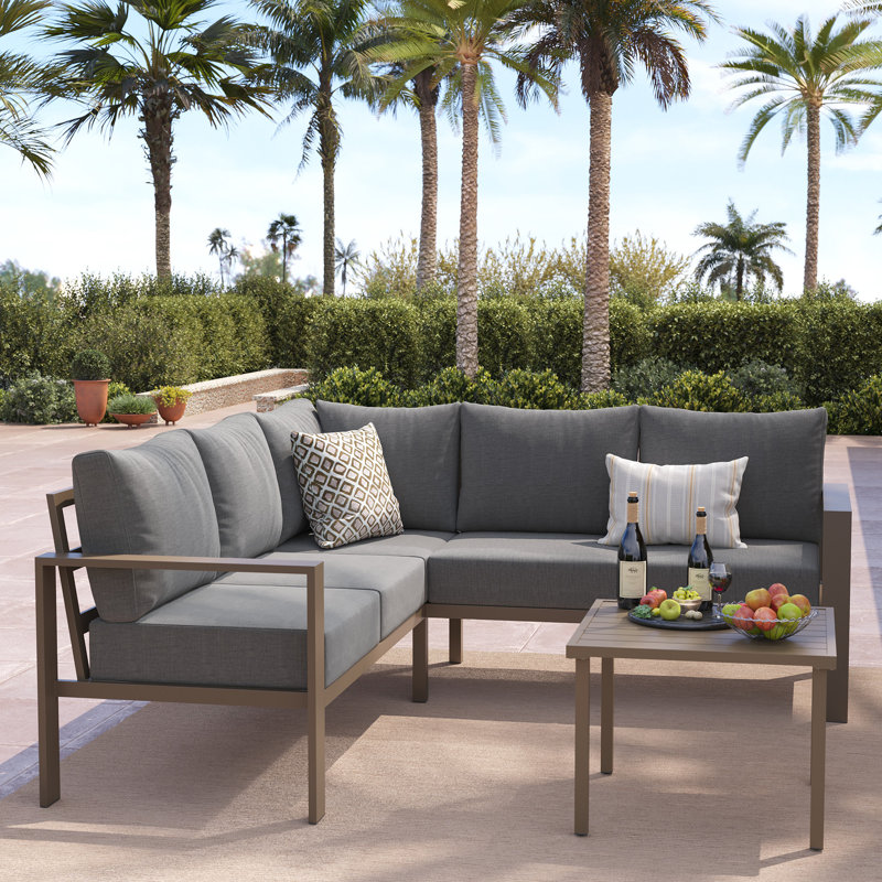 6-Piece Outdoor L-Shape Patio Conversation Set with 6" Thick Olefin Cushions,Metal Frame, Coffee Table, Seats 4 or 5