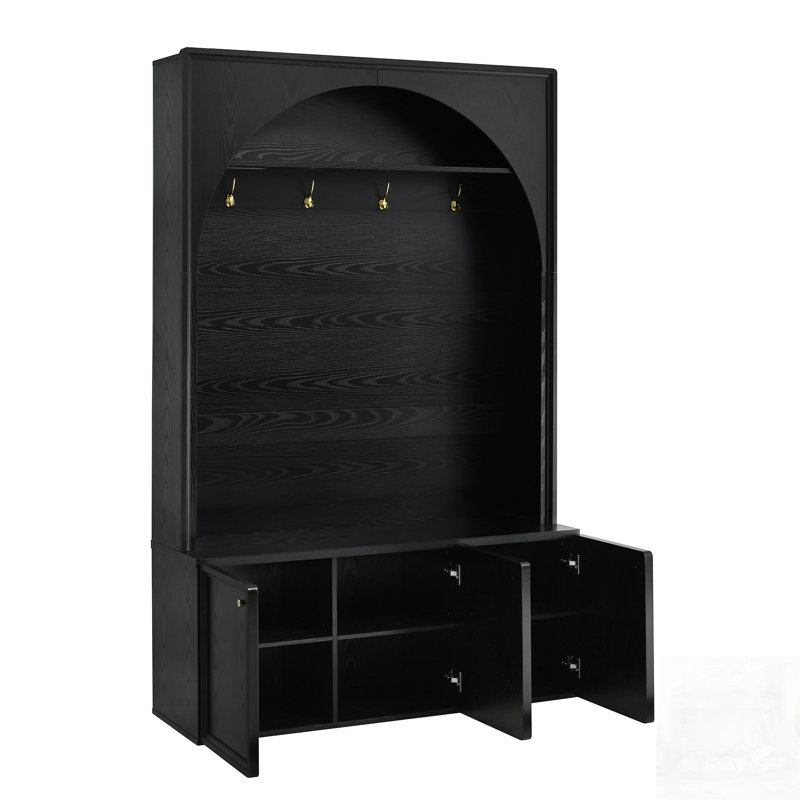Farmhouse All-In-One Hall Tree With Adjustable Shelves, Retro Arched Entryway Storage Bench With 3 Cabinets And 4 Golden Hooks