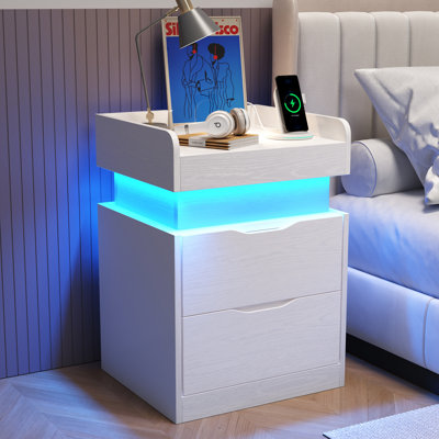  2-Drawer Wood Modern Nightstand With Charging Station & LED Light