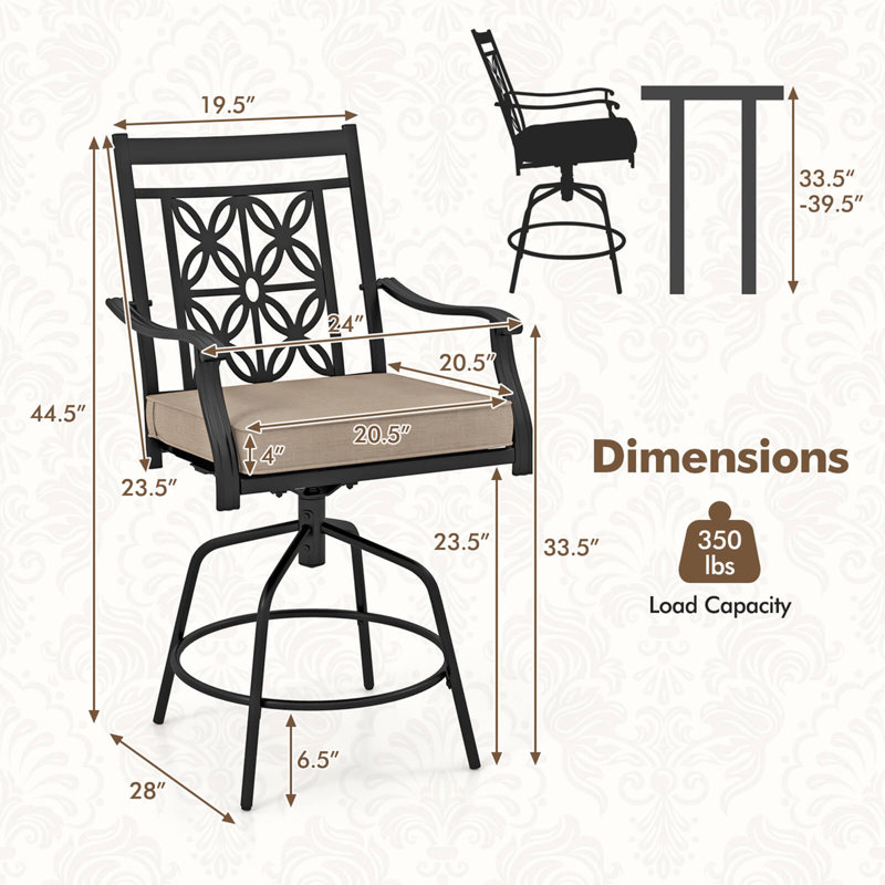Ensemble de 2 tabourets de bar d'extérieur pivotants à 360 ° avec coussins de siège et dossier haut, 4