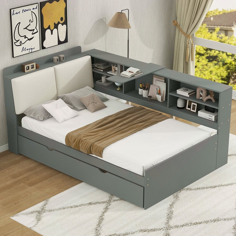 Lit plateforme en bois avec lit gigogne, tablettes et tête de lit, Gris
