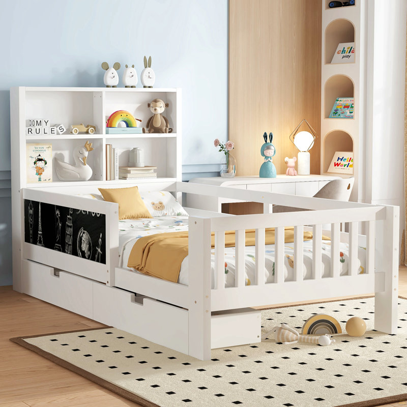 Lit plateforme simple avec tableau noir, lit plateforme en bois massif avec tiroirs de rangement et tablettes, Blanc