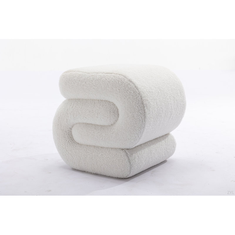 017S-S-Shape Fabric Ottoman Makeup Stool Footstool, White Teddy