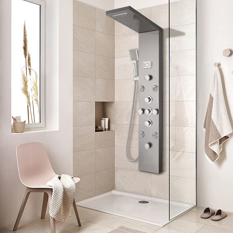 Système de panneau de douche à pluie avec pomme de douche à pluie et baguette de douche à pluie, Nickel brossé