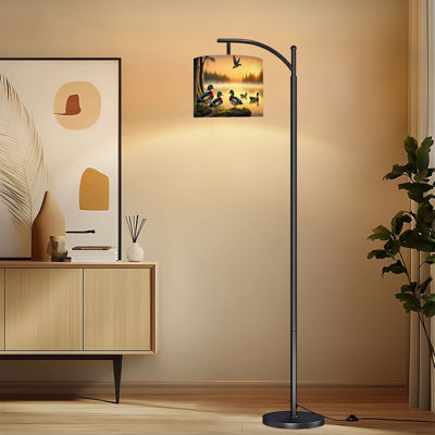 Arc Floor Lamp with Adjustable Lampshade Mallard Ducks Lake Wild Animals Soft Fluffy Trees Water Standing Lamp 3 Color Temperatures Dimmable Tall Pole Lamp with Foot Switch for Bedroom