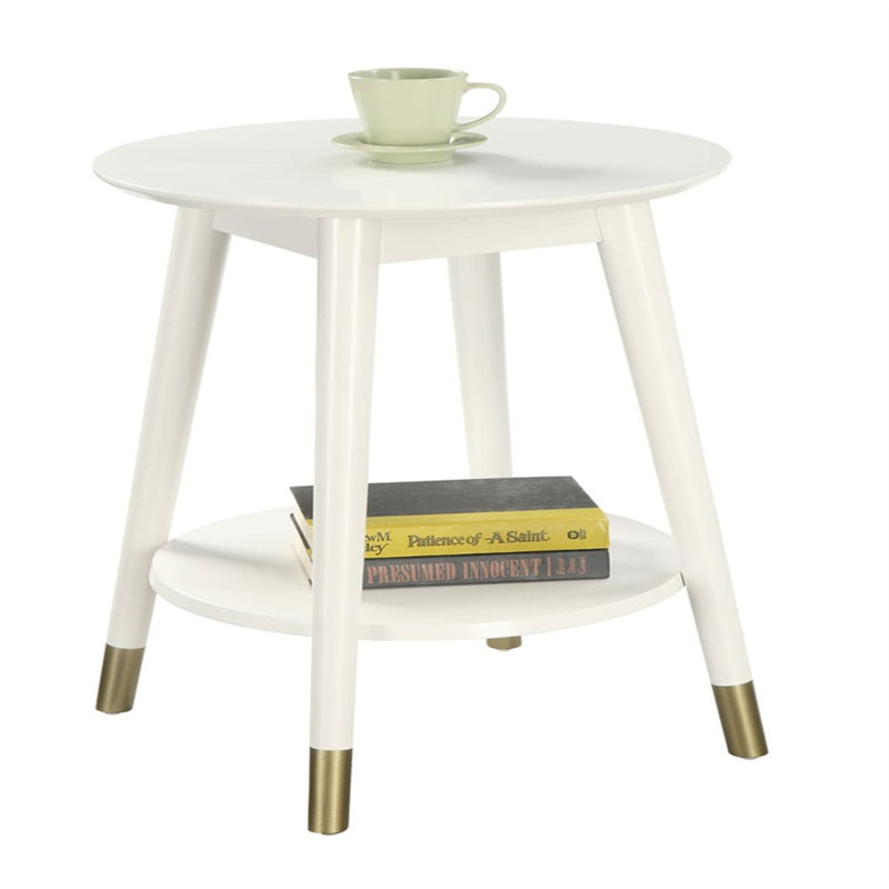 White Solid Rubberwood Round End Table with Bottom Shelf