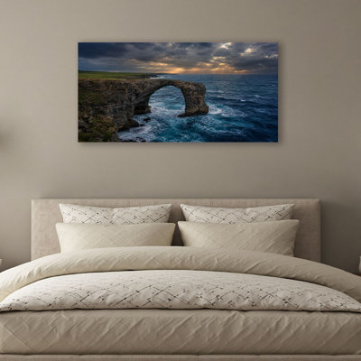 Canvas Wall Art Dramatic Coastal Rock Arch Ocean Waves Cloudy Sunset Wall Decor for Living Room Bathroom Bedroom Office 20"H x 40"W Art Paintings, Ready to Hang