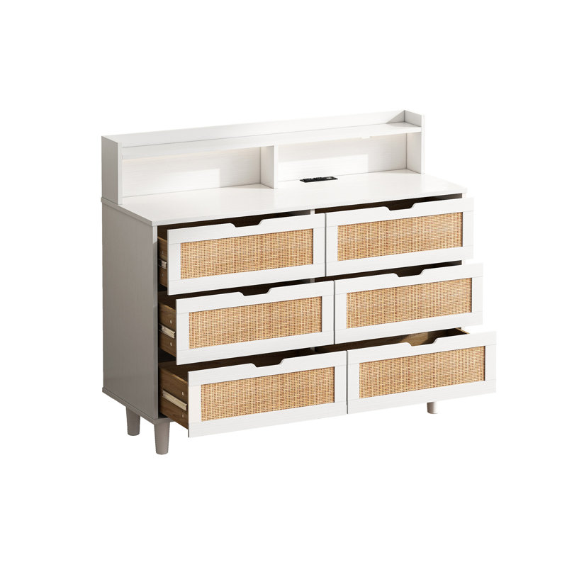 43.31"6-Drawers Rattan Storage Cabinet Rattan Drawer With LED Lights And Power Outlet