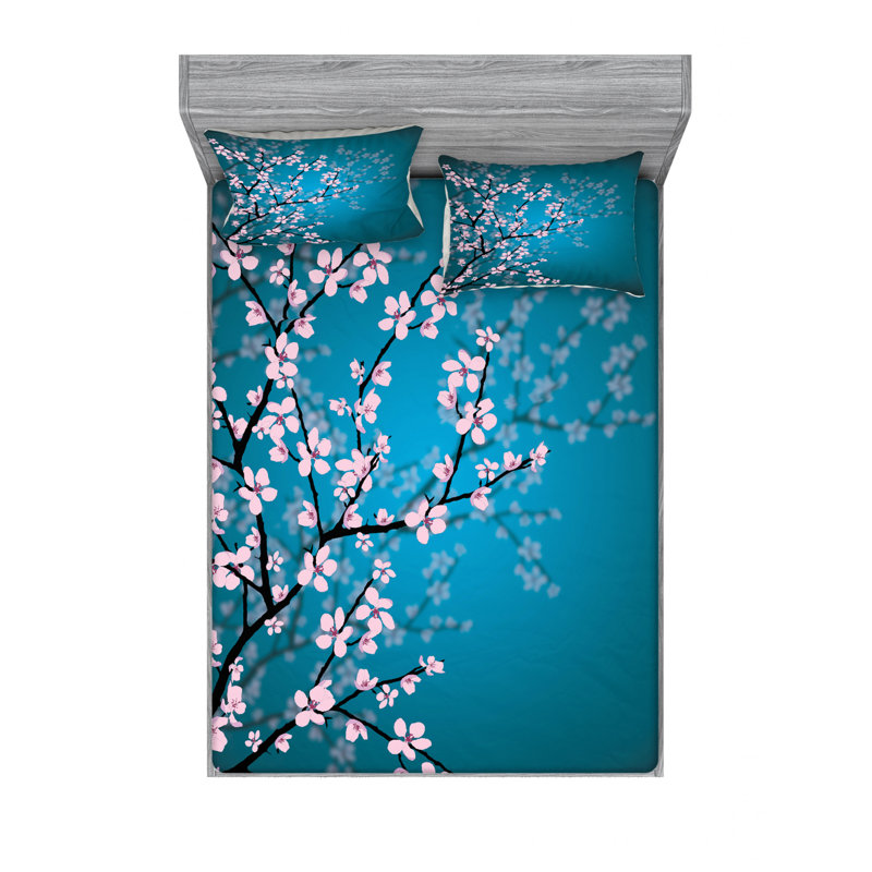Japanese Microfiber Floral Sheet Set, Queen Sheet Set + Fitted Sheet + 2 Pillowcases