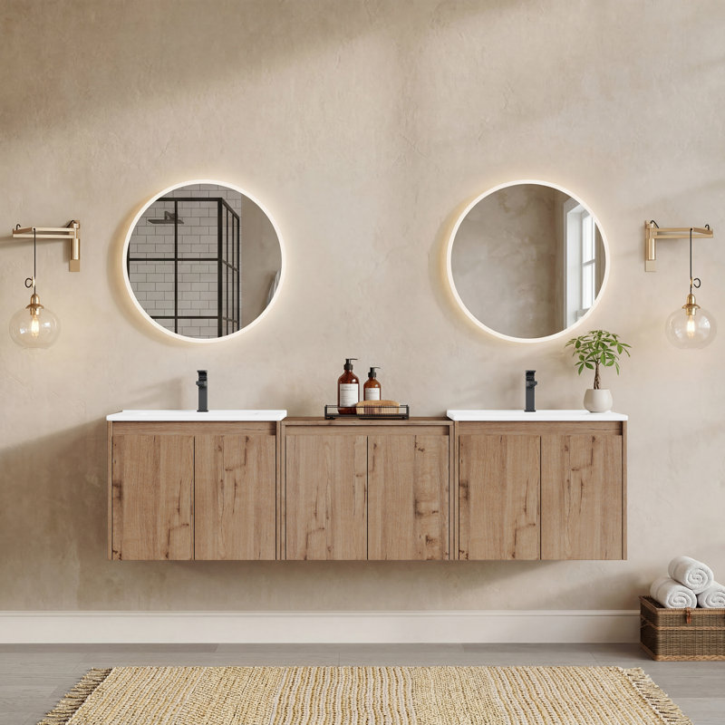 Meuble-lavabo double 72 po avec lavabo en céramique et conception sans poignée 72 po, 72", Bois naturel