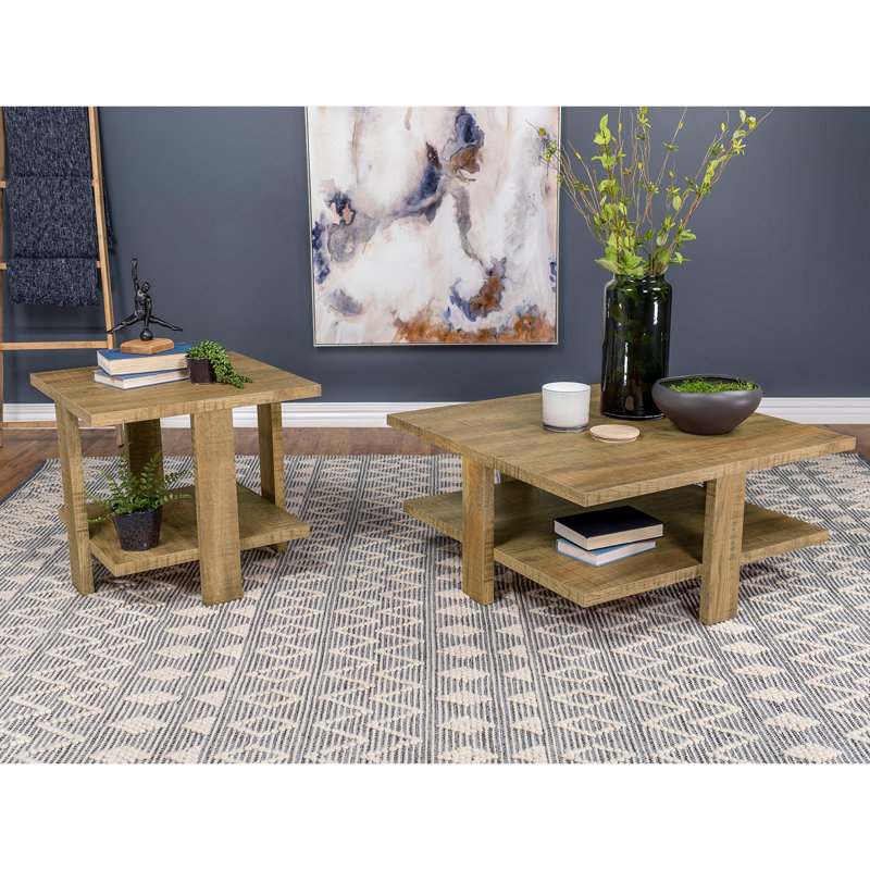 Ensemble 2 pièces table basse et table de bout en bois avec tablette ouverte brun manguier