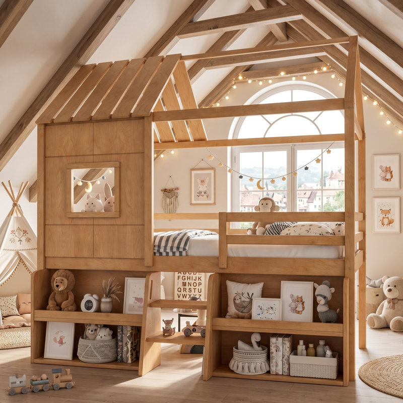 Lit mezzanine avec escalier de rangement AVELOR Playhouse, lit amusant pour enfants avec support à lattes, aucun sommier nécessaire