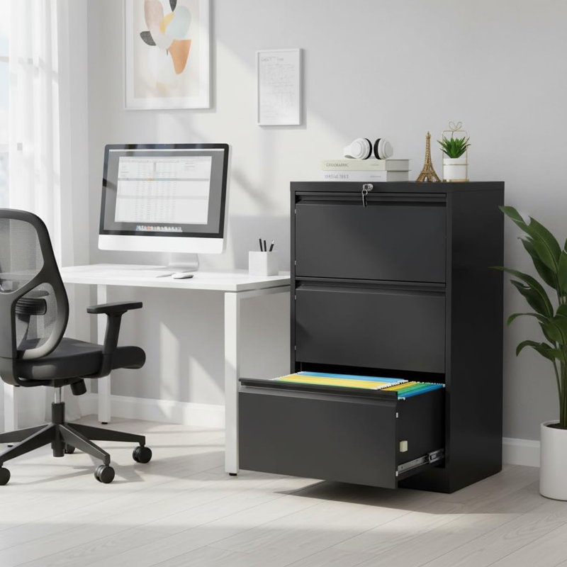 3 Drawer Lateral File Cabinet, Heavy Duty Metal Filing Cabinet with Locks for Home Office, Black File Cabinets with Business Card Holder for Legal/Letter/F4/A4 Files