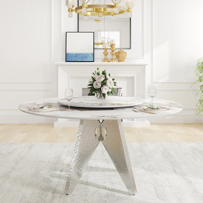 Table ronde de 57,93 po avec plateau en pierre frittée et base en acier inoxydable argenté, disque rotatif blanc de 31,5 po pour 6 à 8 personnes, table tournante de surface, pour 6 à 8 personnes, facile à nettoyer