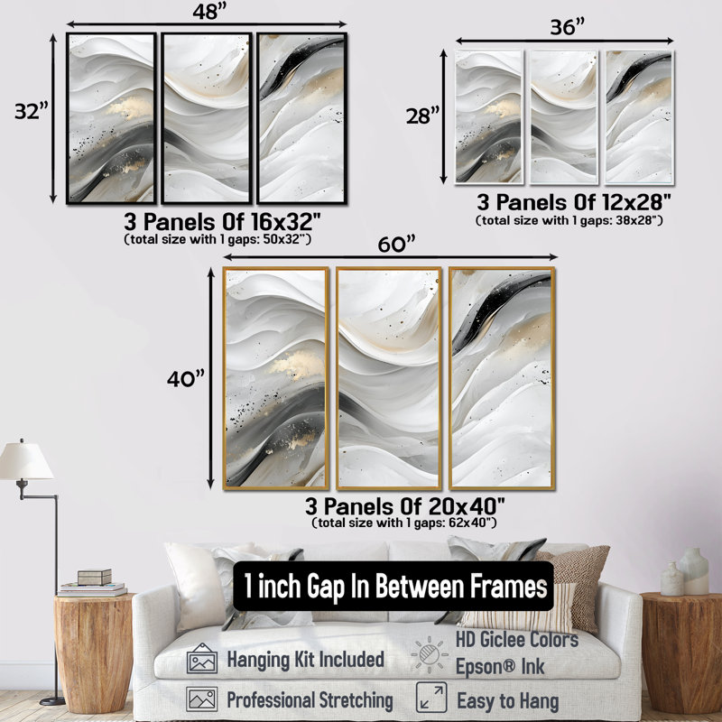 Ensemble de salon art mural blanc vagues ondulées blanches II, Toile encadrée flottée blanche, H 32 po x l 48 po x P 1 po