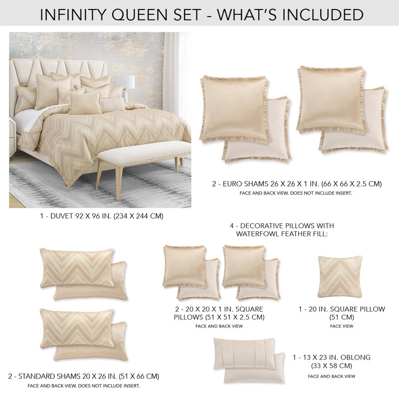 Infinity Duvet Set - Gold, Queen Duvet + 4 Shams + 4 Throw Pillows