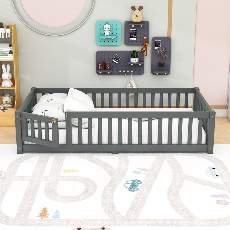 Wooden Bed With Slats And Safety Guardrails, Gray, Twin
