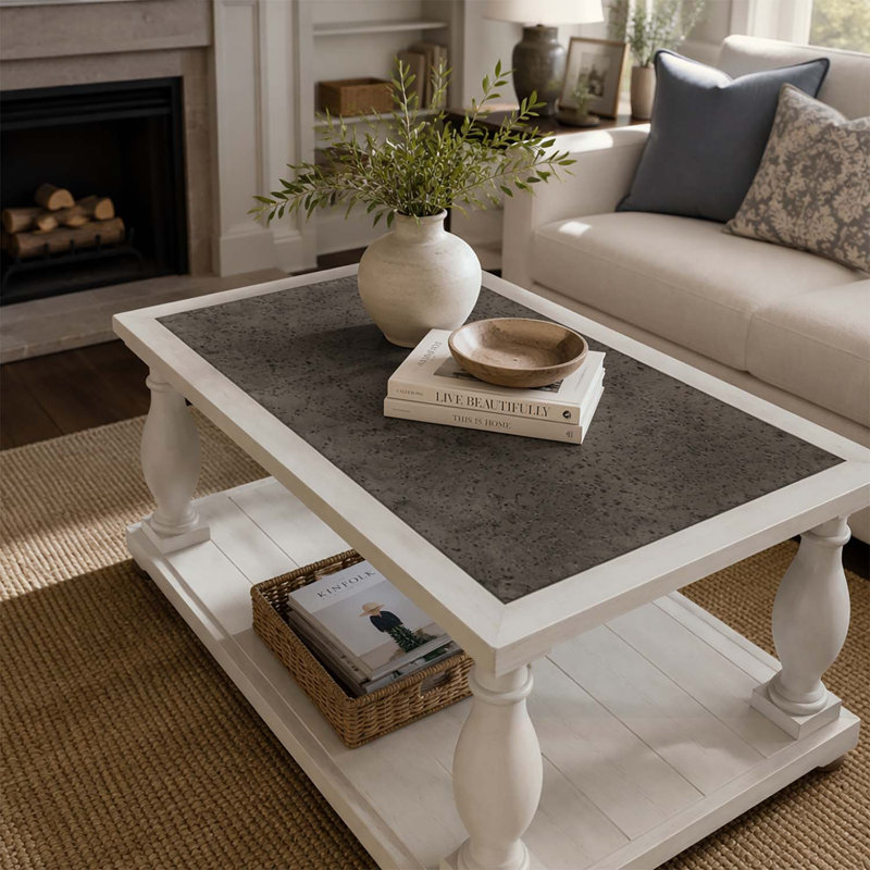 Table basse Farmhouse avec pieds fuselés, table basse en bois à 2 niveaux pour la décoration du salon, Brun