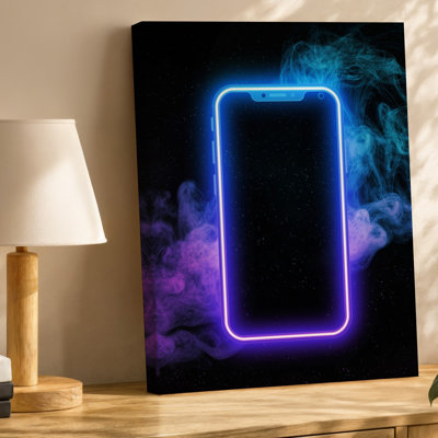 Canvas A Sleek Smartphone Screen With A Vibrant Glowing Border Radiating Wall Art Neon Blue And Purple Hues The Background Features A Canvas Wall Art