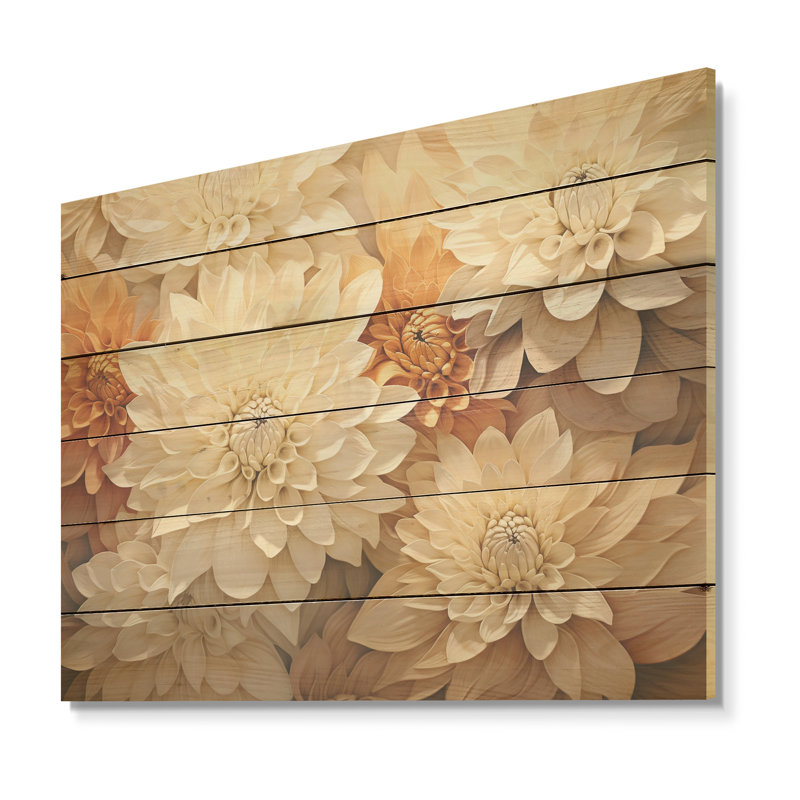 Minimalisme Blooming Mums, peinture en beige et or - art sur bois de pin naturel, H 30 po x l 40 po