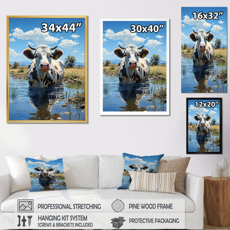 «Cow in Tranquil Pasture», reproduction sur toile, H 32 po x l 16 po x P 1 po, Cadre flottant noir