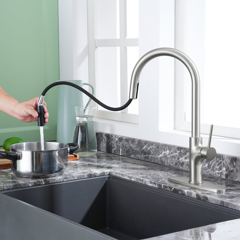 CASAINC 1.8 GPM Single-Handle Pull-Down Kitchen Faucet Single Hole with Deck Plate, Brushed Nickel