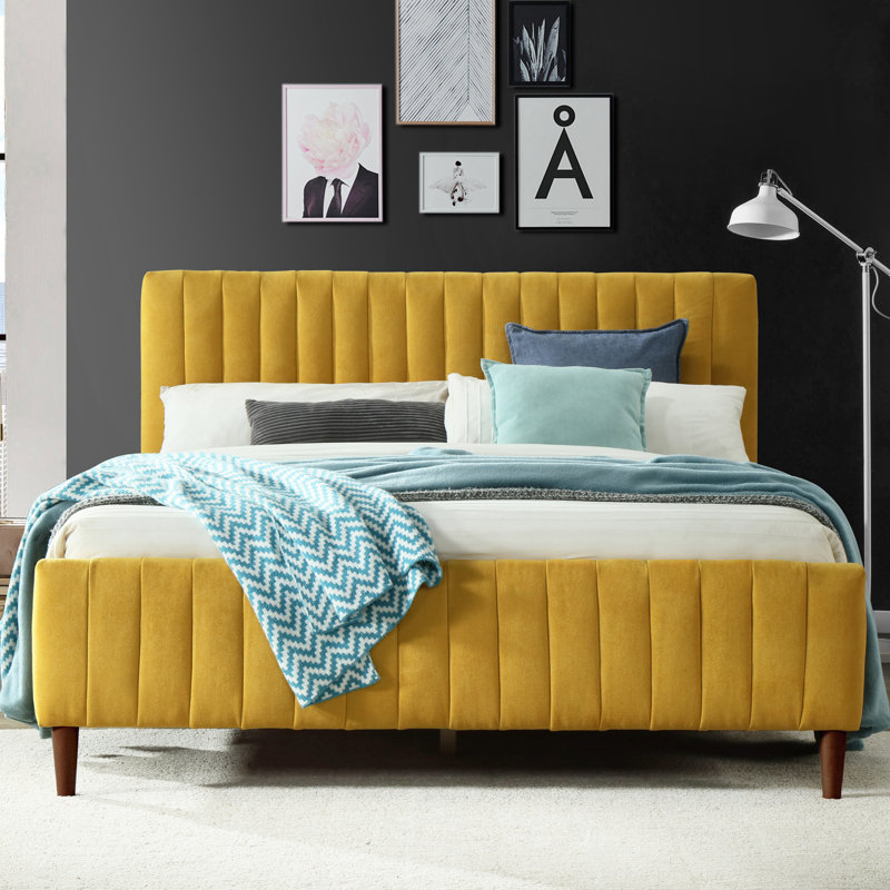 Spencer Catisha Upholstered Tufted Platform Bed, Mustard, Queen