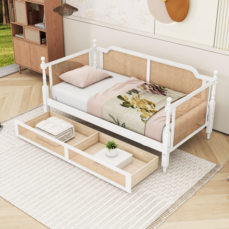 Wood Platform Bed with Large Storage Drawer, Twin, Antique White