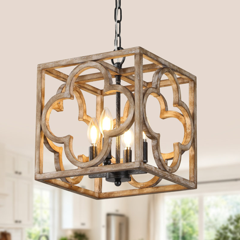 Lustre 12 po en forme de cube en bois rustique avec 4 lumières, 60 po, chaîne réglable et luminaire suspendu pour îlot de cuisine