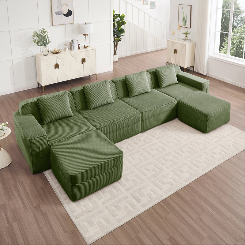 Canapé modulaire modulaire en forme de U sans siège à 4 places, canapé modulaire Cloud avec assise profonde, canapé modulaire moderne à 4 places avec coussins décoratifs et 2 repose-pieds mobiles, tissu velours côtelé vert