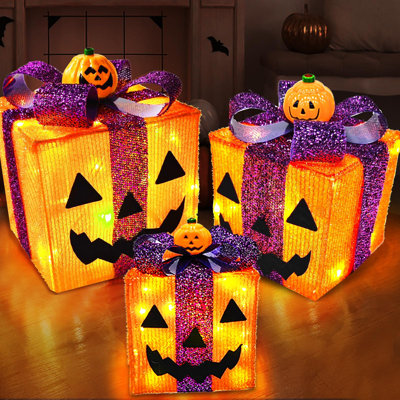 3 Pack Lighted Halloween Pumpkin Decorations with 60 LED Lights Battery Operated Jack