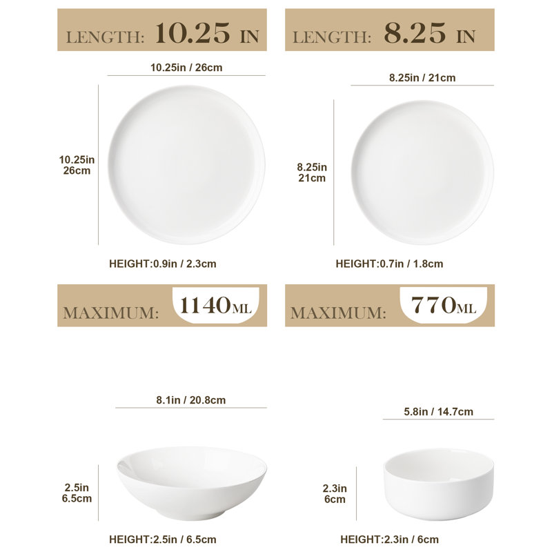 Aubra 16 Piece Porcelain China Dinnerware Set - Service for 4, White