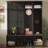 Farmhouse Hall Tree with 4 Hidden Hanging Hooks, Versatile Walnut Seating Bench with 8 Doors, Entryway Shoe Cabinet with Open Compartment for Living Room, Black-1398261809