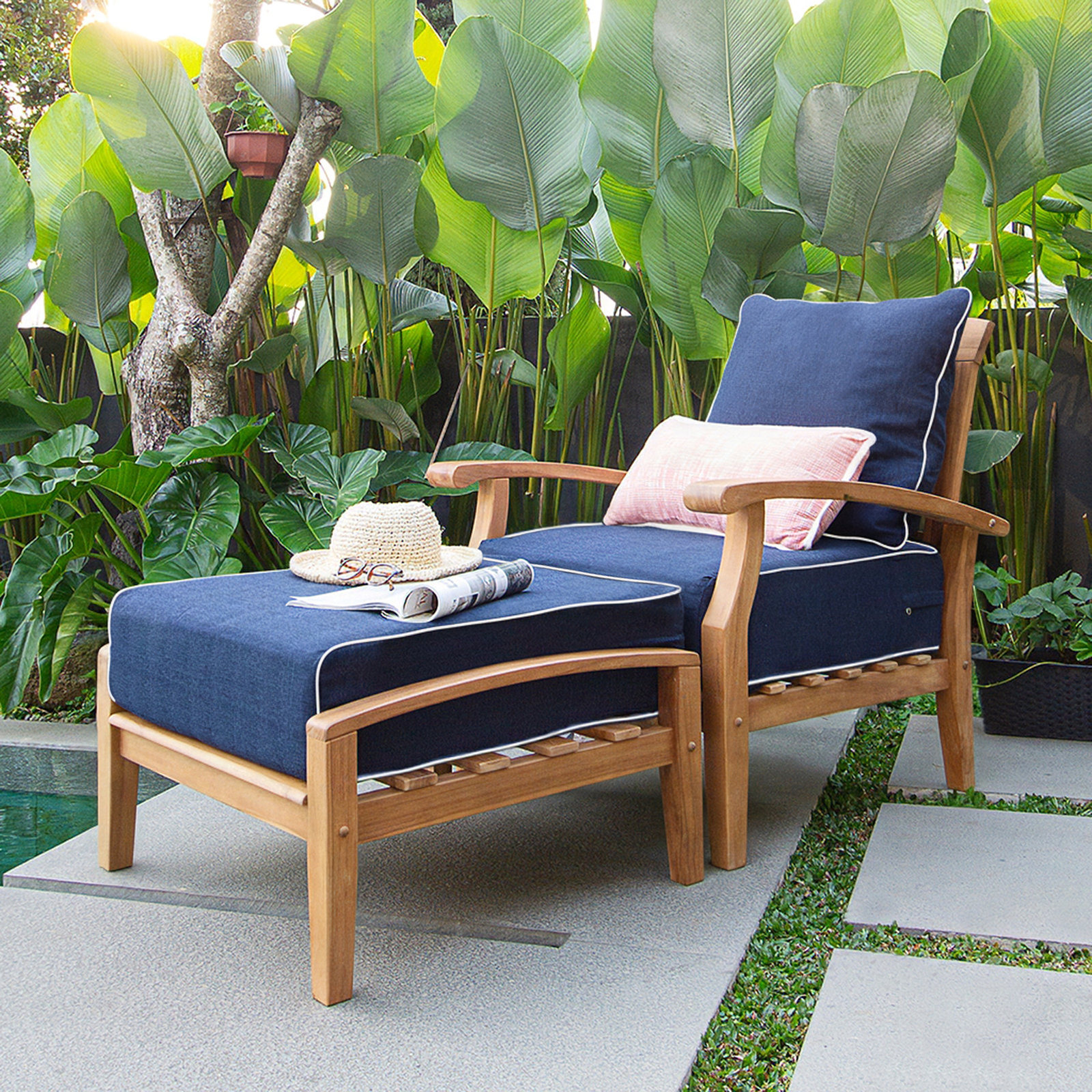 Summerton Upholstered Outdoor Ottoman with Cushion, Natural, Navy White Piping