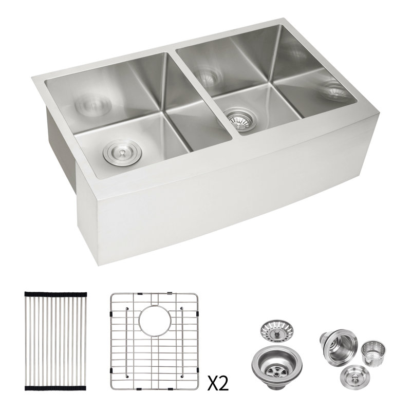 Double Bowl (50/50) Farmhouse Sink - Stainless Steel Apron Front Kitchen Sink 16 Gauge With Two Deep Basin