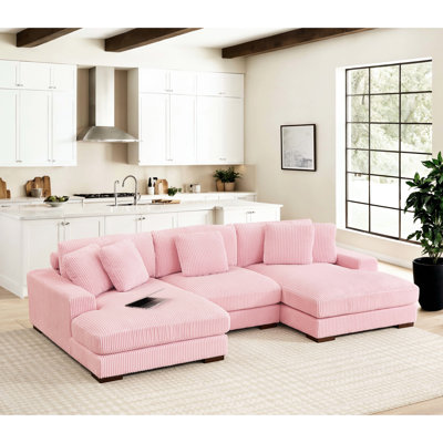 Canapé d'angle 3 places en velours côtelé rose confortable avec méridienne double, coussins décoratifs et soutien lombaire réglable, montage facile, dossier rembourré confortable, installation simple