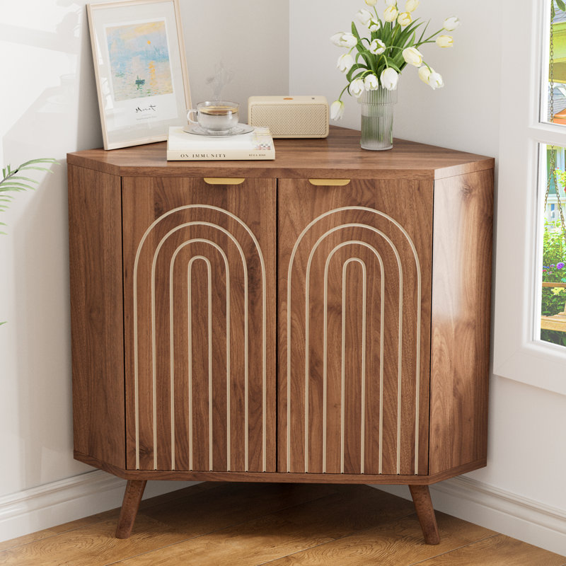 Modern Wooden Corner Storage Cabinet with Arched Carved Doors, Space-Saving Cupboard for Living Room, Kitchen, Bathroom, Heavy-Duty Sideboard for Coffee Bar & Home Display