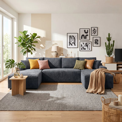 132.1" Compressible U-Shaped Sectional Sofa Set, Minimalist Modular Cloud Couch in Ribbed Corduroy, 6-Seater Upholstered Sofa Living Room Furniture with 2 Throw Pillows