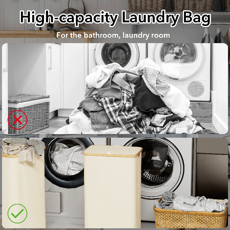 Beige Collapsible Upright Laundry Hamper with Bamboo Handles and Lid