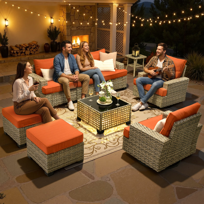 
Burcin Outdoor Rattan Woven Sofa With Luminous End Table And Swivel Chair, Orange