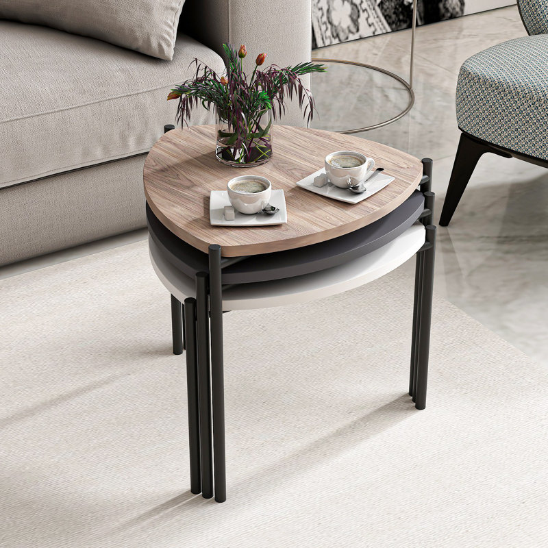 Modern Nesting Table Set (3 Pieces), White & Anthracite & Walnut, 17.7 x 17.7 x 17.7 in, 17.7 x 15.7 x 17.7 in, 17.7 x 13.8 x 17.7 in | 100% Melamine Coated Particle Board, Metal Frame | Stylish & Space-Saving Design for Home & Office