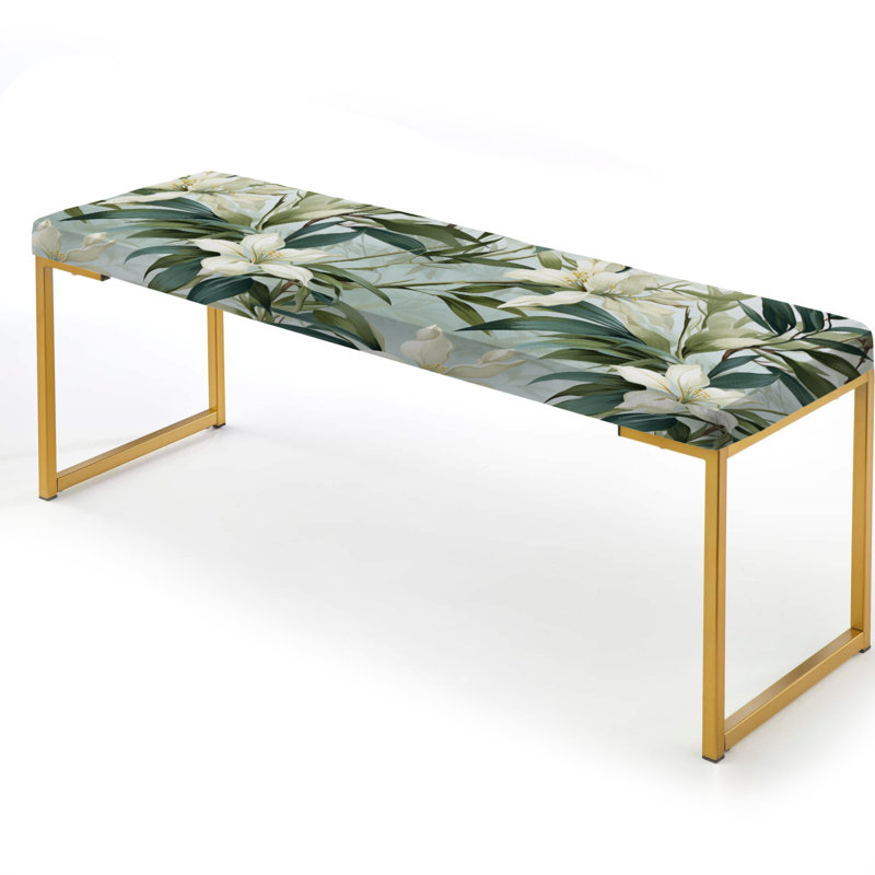 Plants Upholstered Gold Bench, Bamboo Whispers