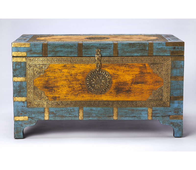 Hand Painted Brass Inlay Solid Wood Storage Trunk Hand Painted Brass Inlay Solid Wood Storage Trunk