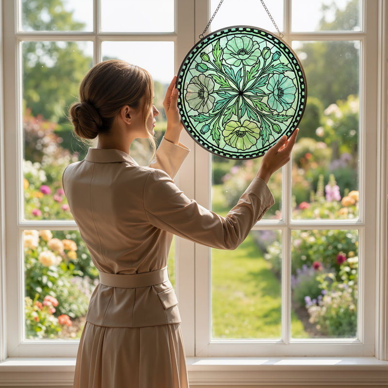 Panneau de vitrail à motif floral H 12 po, 12" H x 12" W