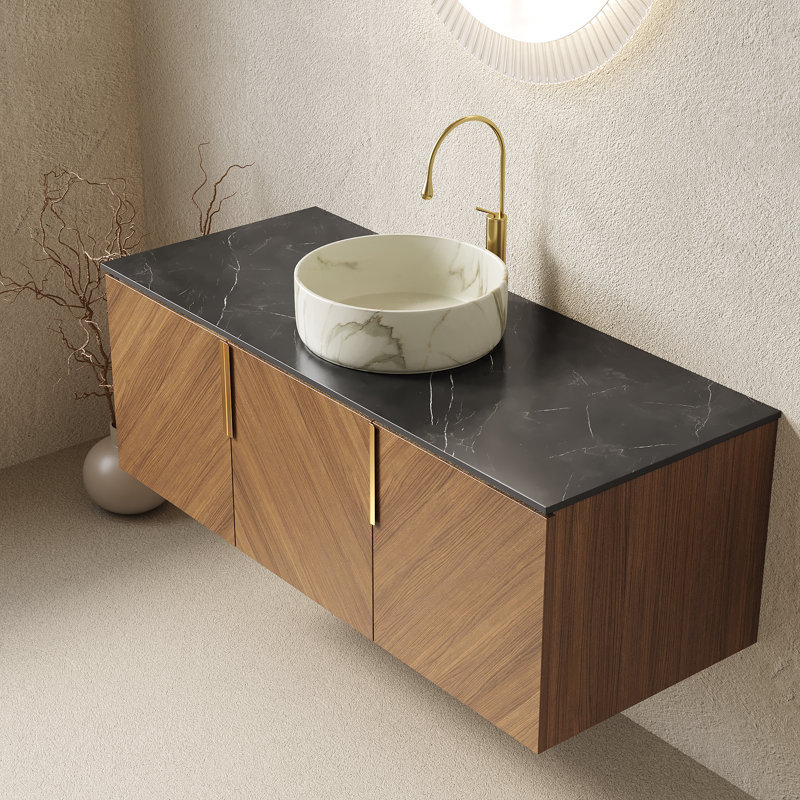 Meuble-lavabo flottant avec lavabo vasque, Rond, 48", Blanc / céramique grise