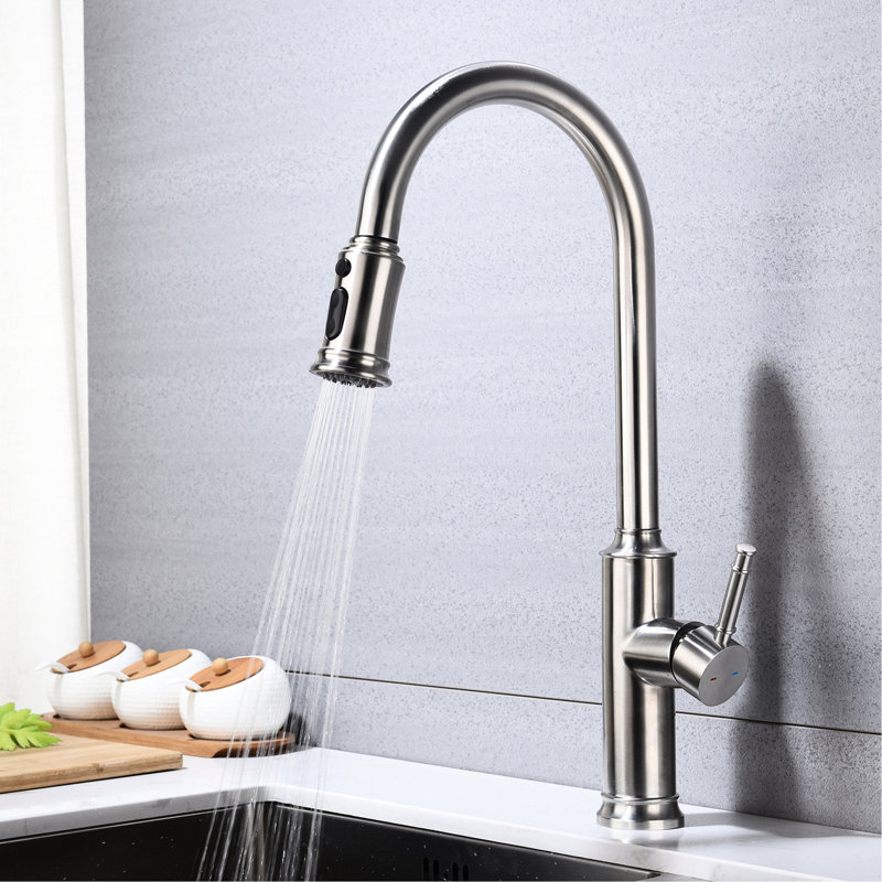Robinet de cuisine avec douchette extractible: acier inoxydable nickel brossé, buse rotative à 360 °, corrosion et rouille, poignée simple pour un contrôle facile du débit de température, douchette rétractable en acier, qualité de fabrication en acier, buse